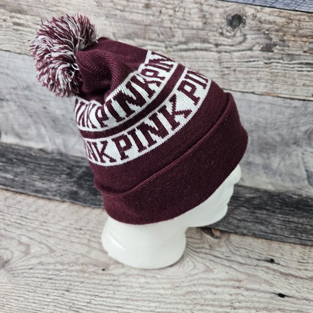 Victoria Secret PINK Women’s Winter Pom Knit Beanie Hat Burgundy